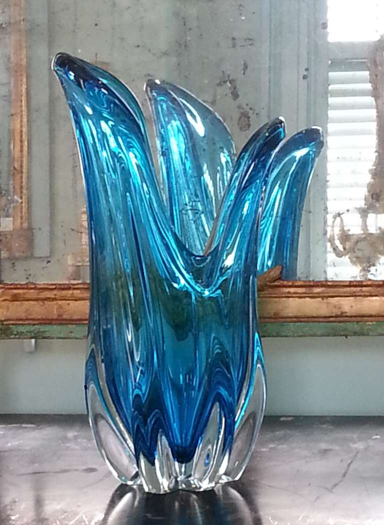 1960s Murano vase. Captivating hues of blue blending into green, changing with the ambient light. Authenticity identified by Murano stamp for Vetreria Fratelli Toso.