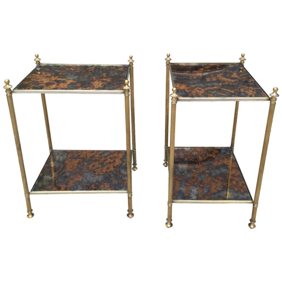 Pair of Bagues End Tables with  Églomisé Mirrored Tops For Sale