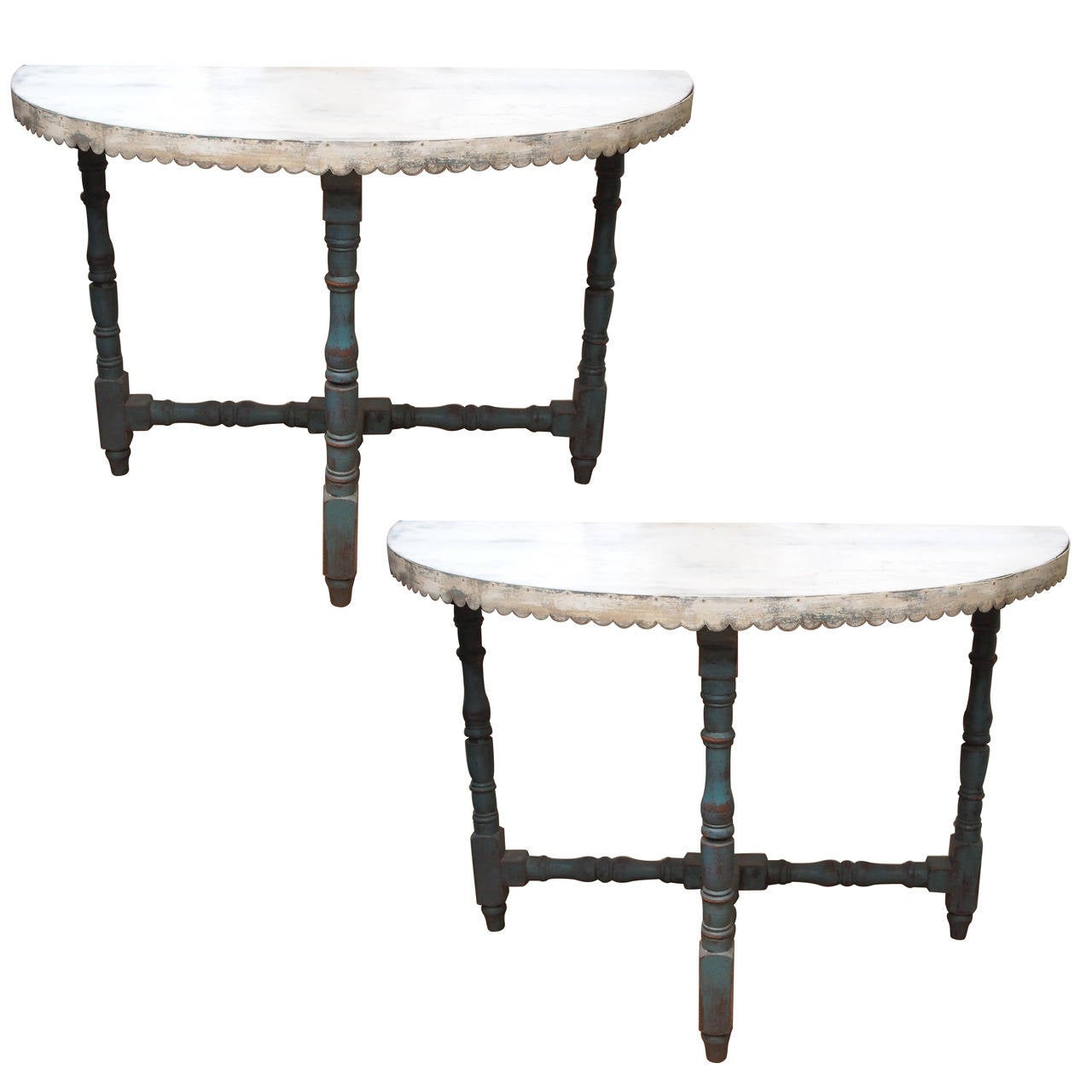 Pair of 19th Century Spanish Demilune Tables with Scalloped Aprons