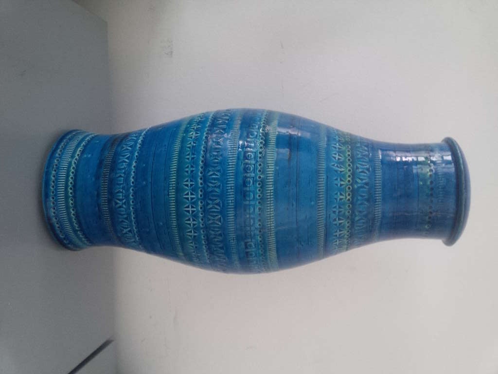 Blue / green ceramic pottery vase by Favia.  Signed.  Monetupo, Italy, circa 1950.  Reminiscent of Bitossi styles imported by Raymor.