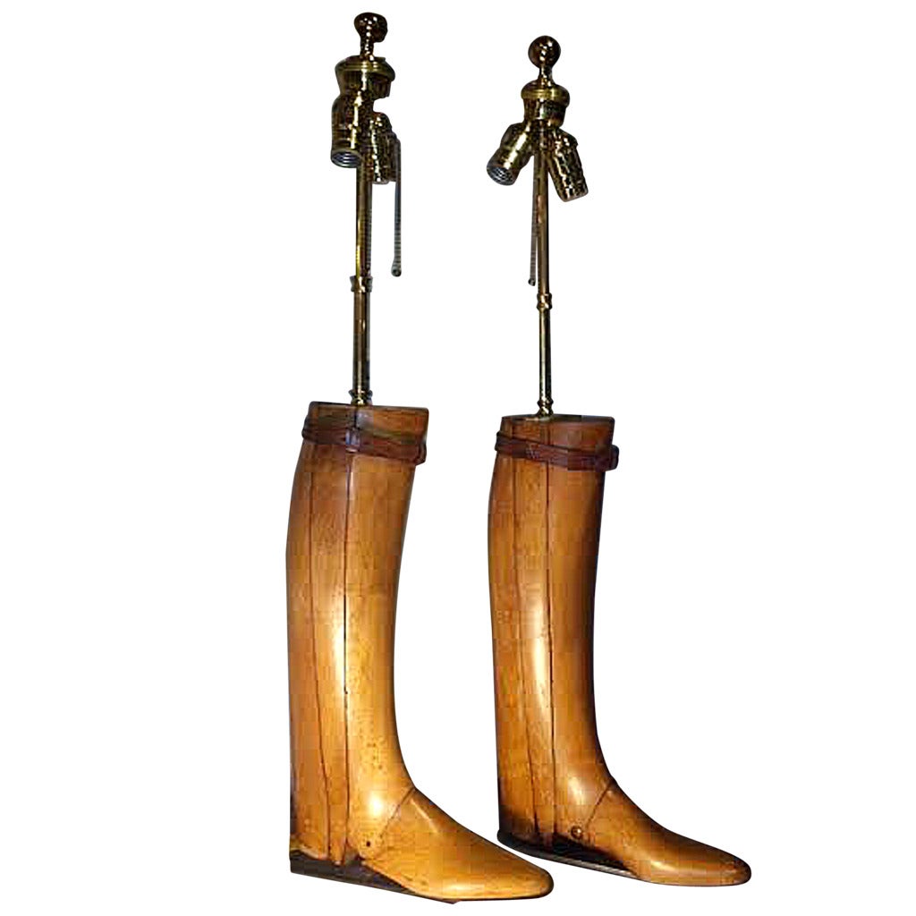 A Pair of Early 19th Century Wood Boot Forms Mounted as Lamps