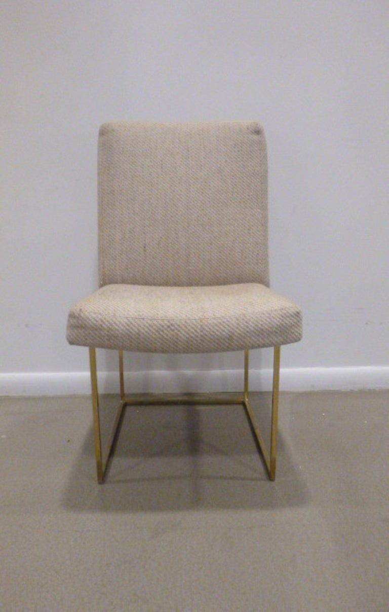 A set of six (6) dining chairs with tubular frames in brass finish, designed by Milo Baughman for Thayer Coggin. USA, circa 1960.  Price includes custom re-upholstery in COM/COL (Client's Own Material or Leather).  Allow two to four weeks for