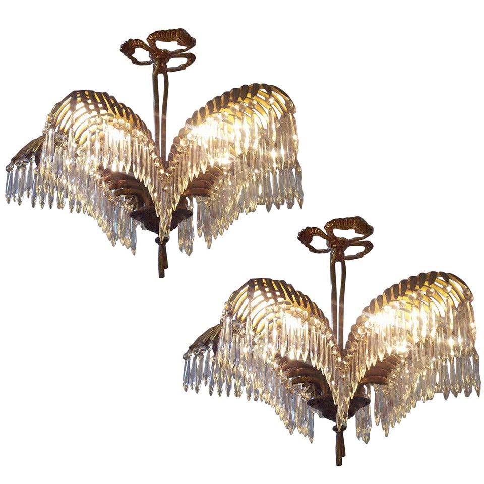 Pair of Bronze and Crystal Palm Tree Chandeliers