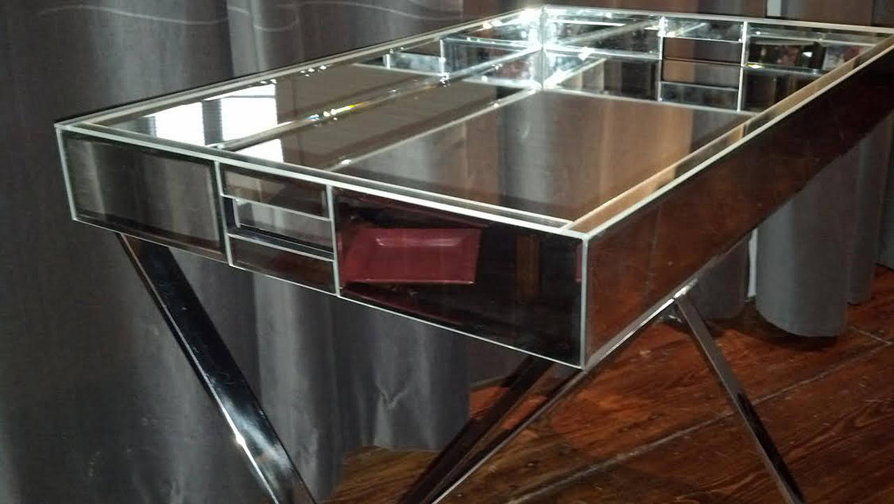 Mid-Century Modern A Pair of 1970's Mirror and Chrome Tray Top Tables