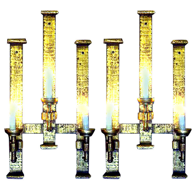 Pair of Monumental French Gilded Iron Sconces
