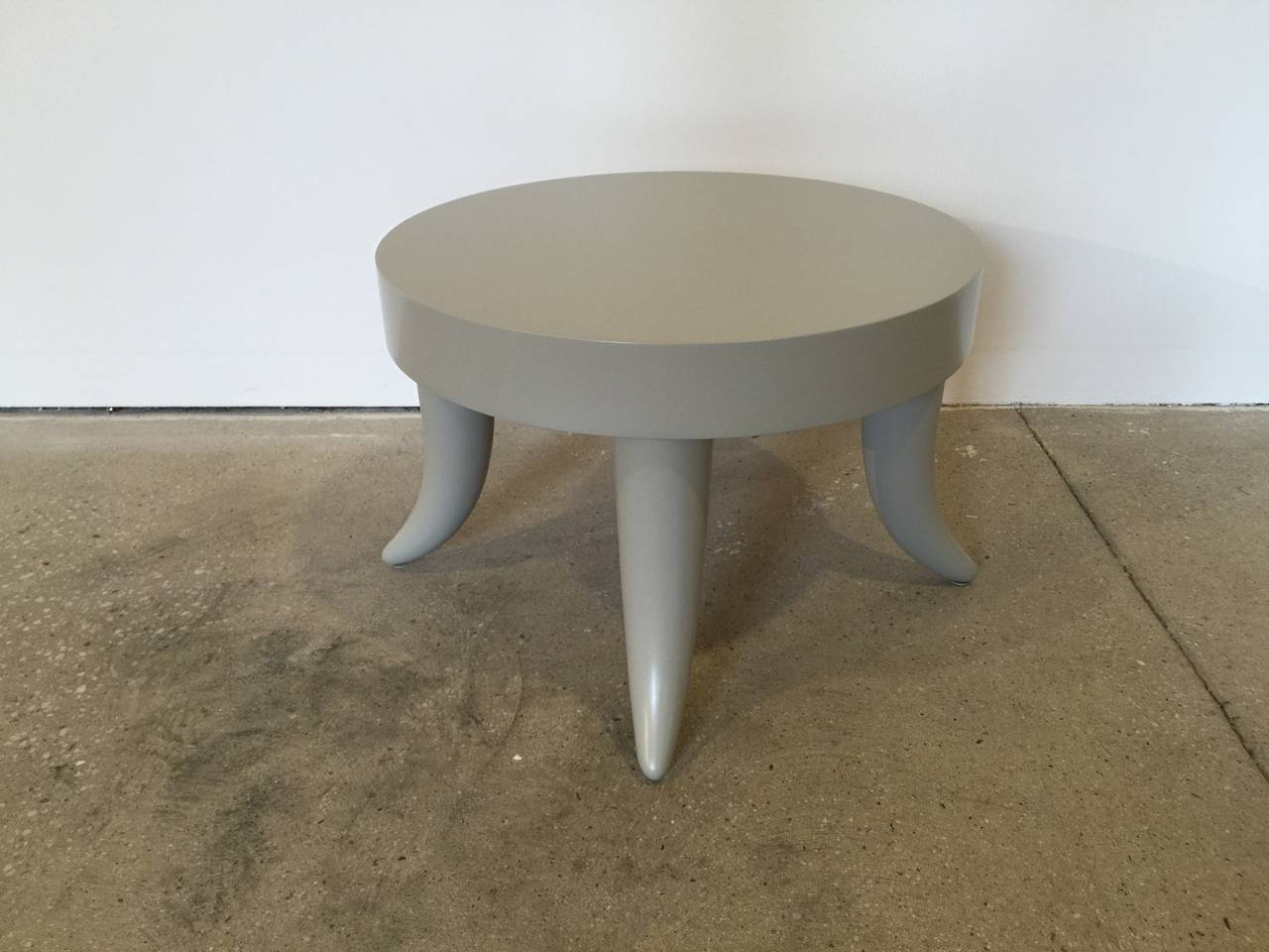 Tusk stool in custom grey satin lacquer finish, by Bill Sofield for Baker.   Signed with metal tags.  Crafted of maple solids.  USA, circa 1990.  May be viewed at the 1stdibs showroom at the New York Design Center.