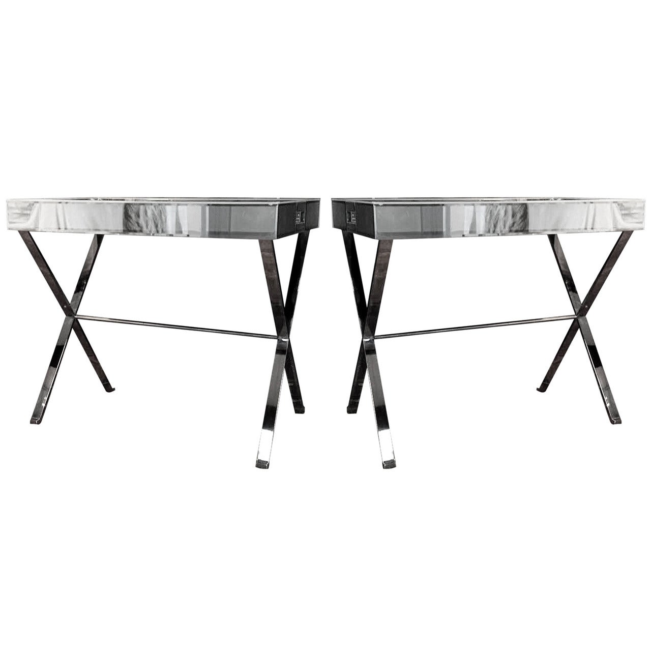 A Pair of 1970's Mirror and Chrome Tray Top Tables