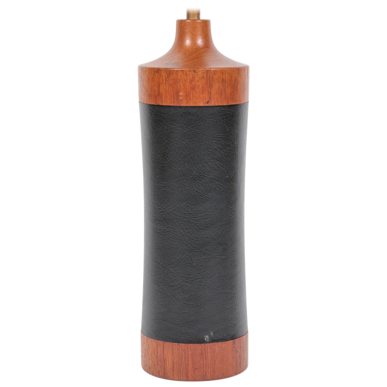 Wood & Black Leather Table Lamp For Sale