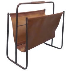Leather and Steel Magazine Holder by Jacques Adnet