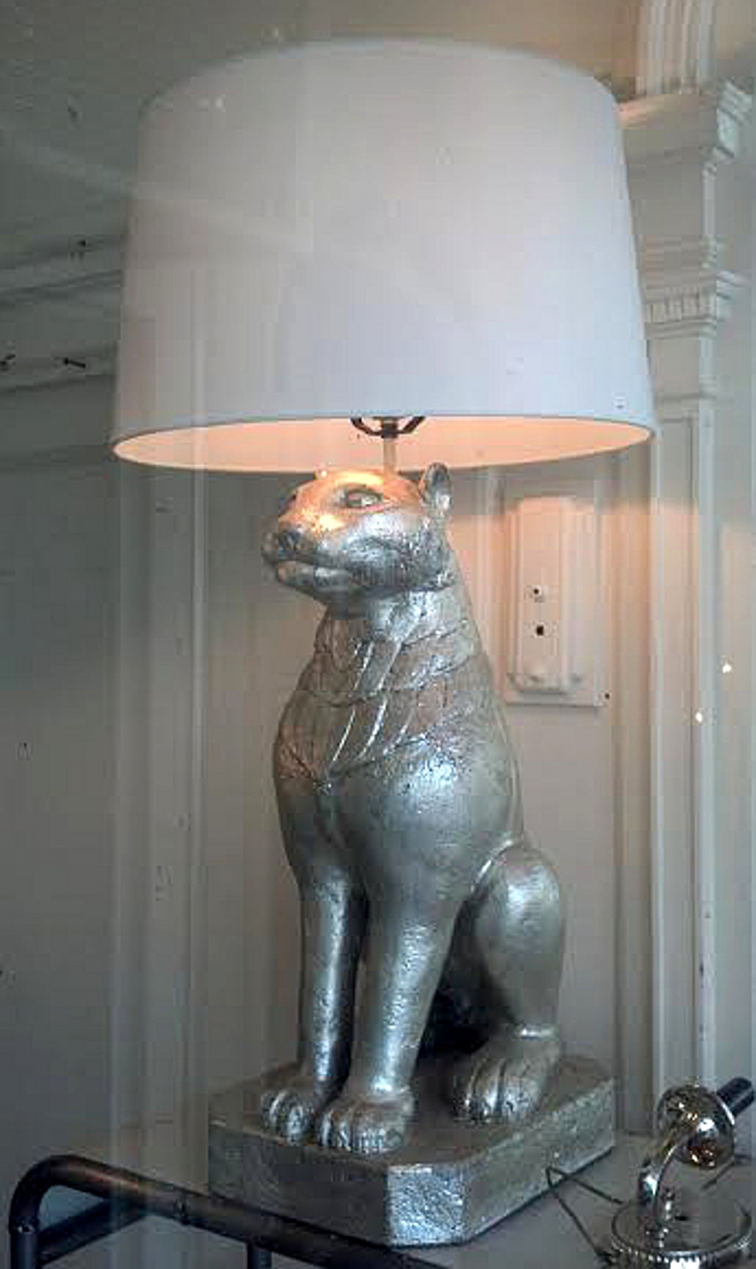 Wonderful styled pair of silver gilt cast and carved plaster feline lamps. Large as well, they make a statement!