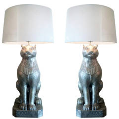 Vintage Monumental Pair of Art Deco, Cat-Form Lamps