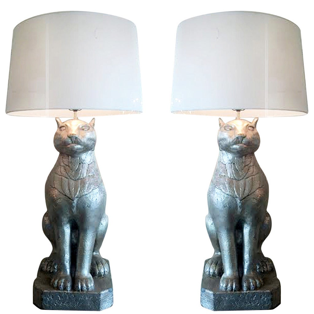 Monumental Pair of Art Deco, Cat-Form Lamps