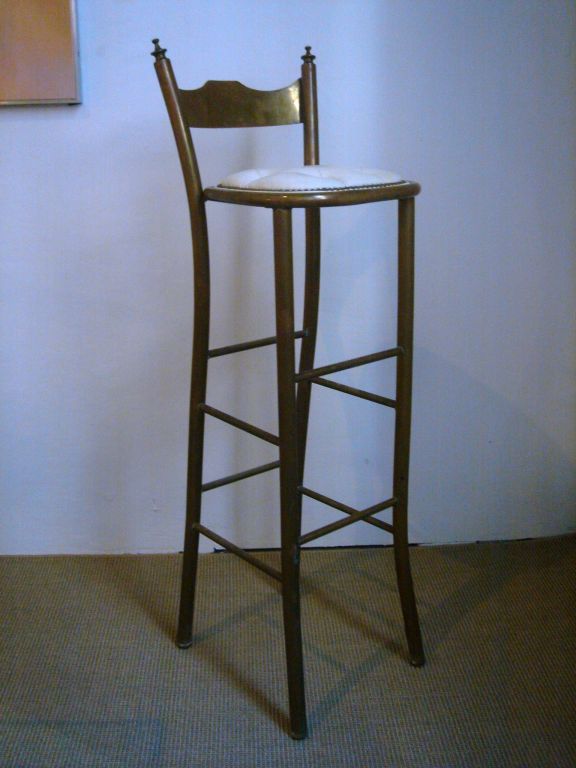 Brass Set of 4 French Bar Stools with Tufted White Leather Seats