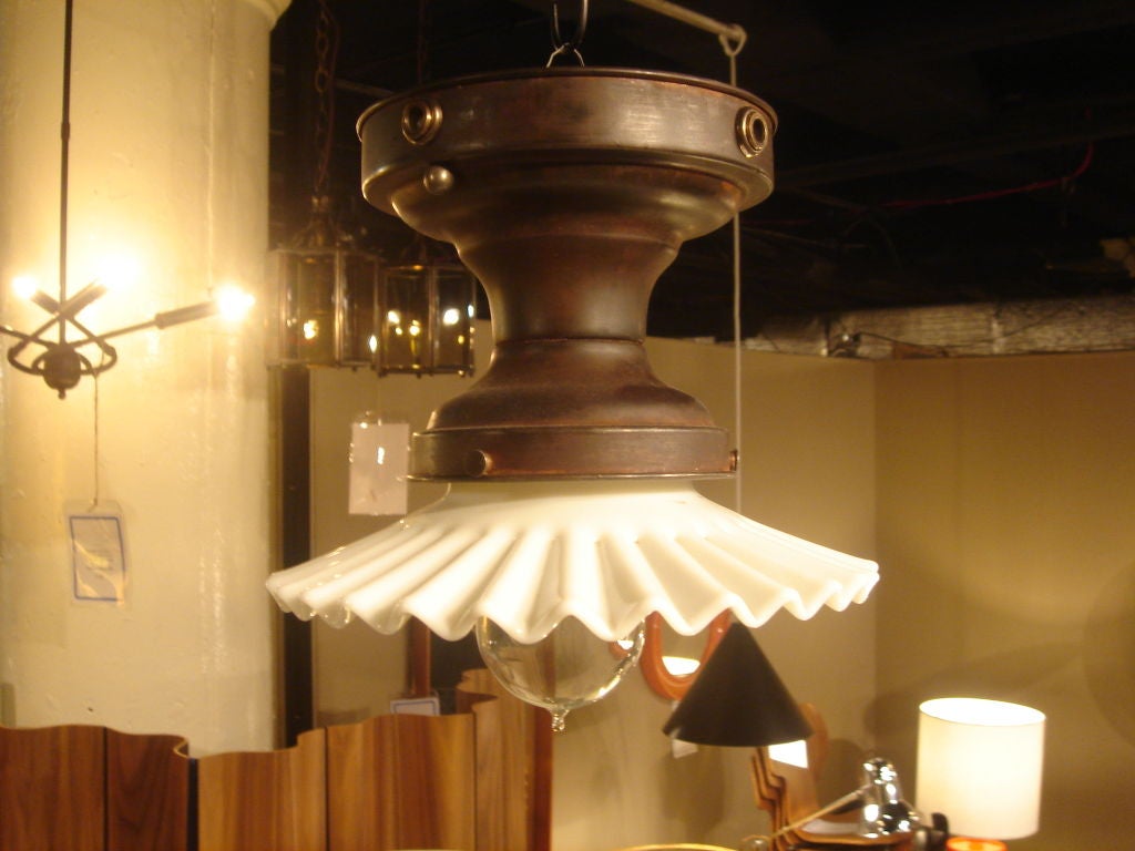 Antique Flush Mount Light with "Petticoat" Milk Glass Disk Shade
