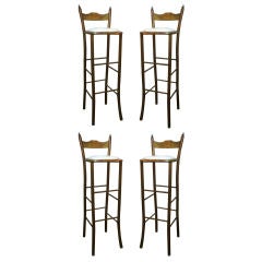 Set of 4 French Bar Stools with Tufted White Leather Seats