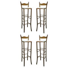 Set of 4 French Bar Stools with Tufted White Leather Seats