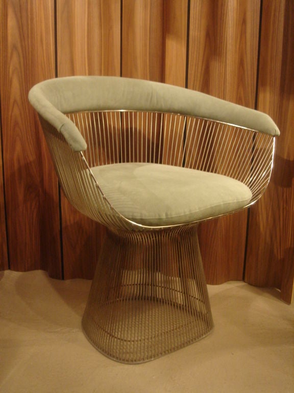 Set of up to four (4) vintage small armchairs in brushed nickel finish designed by Warren Platner for Knoll. USA, dated 1980. <br />
<br />
Retains the early Knoll International label.<br />
<br />
Metal frames are in very good original