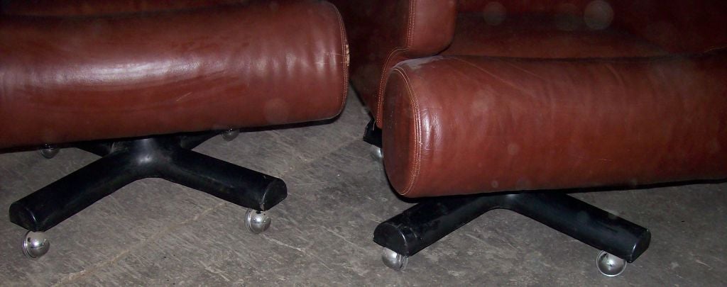 Pair of Italian Brown Leather Swivel Chairs by Joe Columbo 4