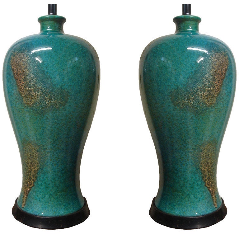 Pair of Cerulean Blue Ceramic Table Lamps by Marbro