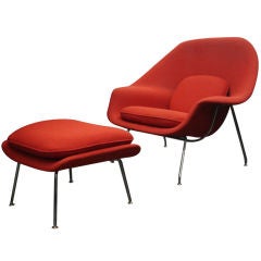 Vintage Womb Chair & Ottoman by Saarinen for Knoll in Red Fabric