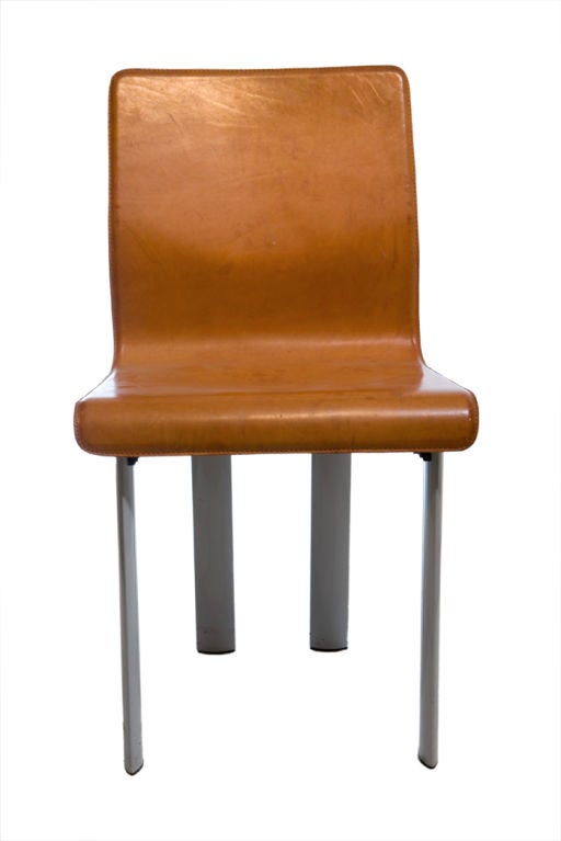 Set of Six Memphis Dining Chairs in Saddle Leather & Aluminum