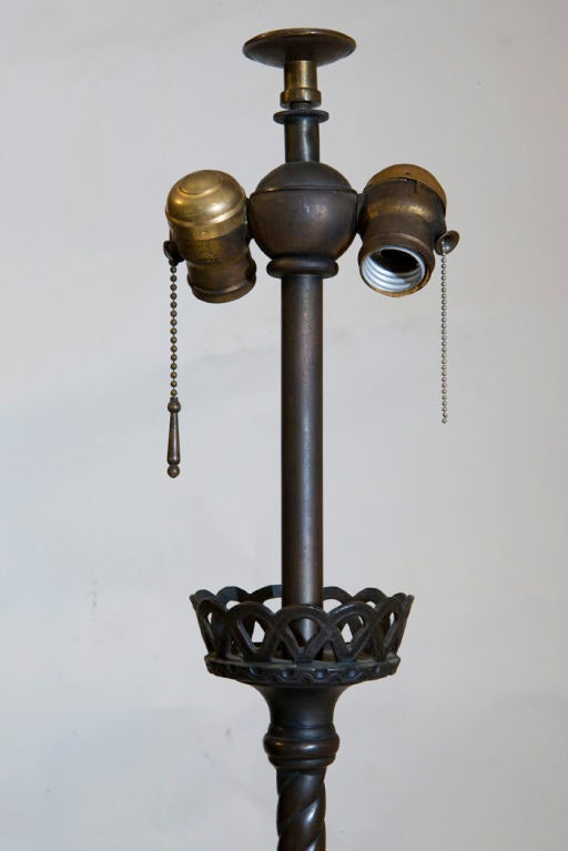 Oscar Bach Bronze Lions Head Candlestick Lamp with Mica Shade In Excellent Condition In New York, NY