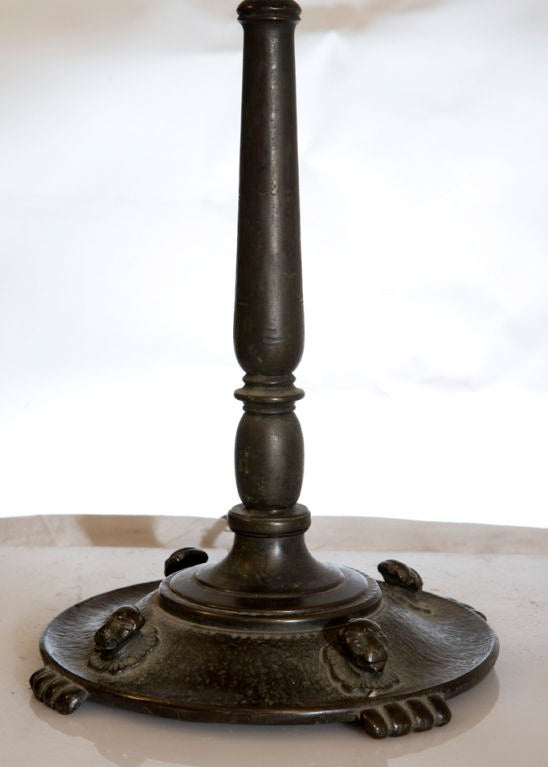 Mid-20th Century Oscar Bach Bronze Lions Head Candlestick Lamp with Mica Shade