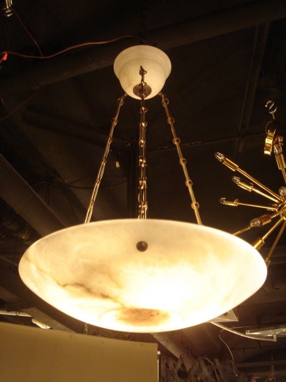 Pair of 1940s French Alabaster & Bronze Pendant Light Fixtures