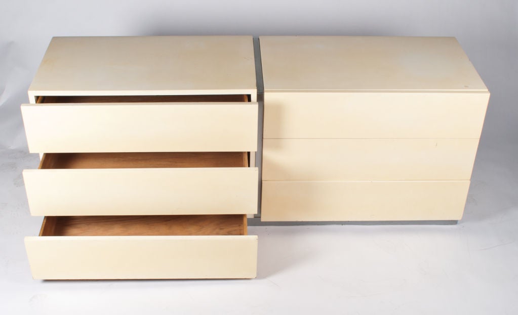 Ivory/off-white lacquer six-drawer dresser/chest by Milo Baughman for Thayer Coggin.  USA, circa 1970.<br />
<br />
Signed with label inside drawer.<br />
<br />
Features a creamy off-white lacquer finish with stainless steel trim and base. 