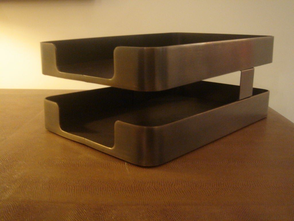 Double letter tray in special order Bronze finish with dark brown leather lining from the Radius One Metal Collection designed by William Sklaroff for Smith Metal Arts/McDonald Products.  USA, circa 1970.<br />
<br />
Legal size.  Select