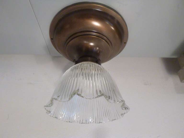 Vintage Flush Mount Light Fixture with Fluted Glass Shade In Excellent Condition In New York, NY