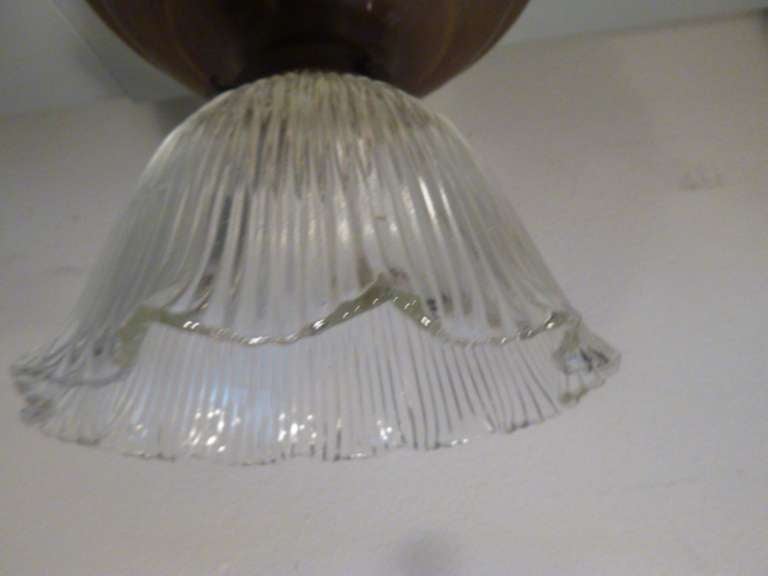 20th Century Vintage Flush Mount Light Fixture with Fluted Glass Shade