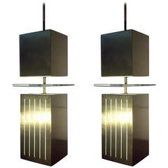 Set of Four Monumental Architectural Brushed Bronze and Lucite Hanging Sconces