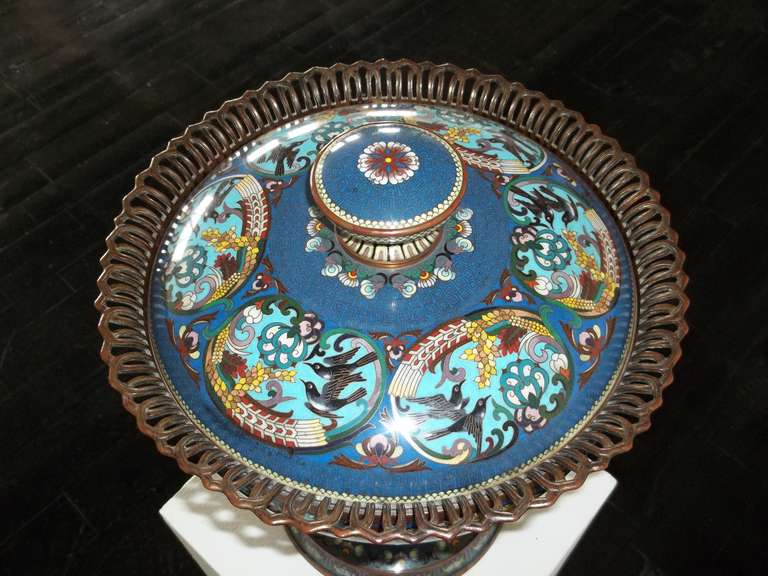 Cast A Large 19th Century Cloisonne Footed Bowl with Lid