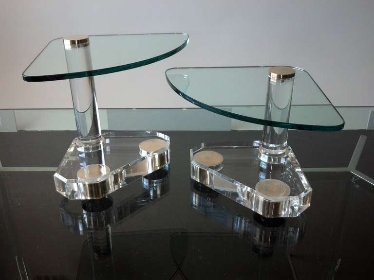 Pair of Cantilevered Lucite & Glass Tables