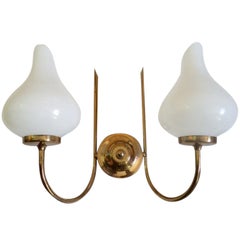 French Brass & White Glass Double Arm Wall Sconce