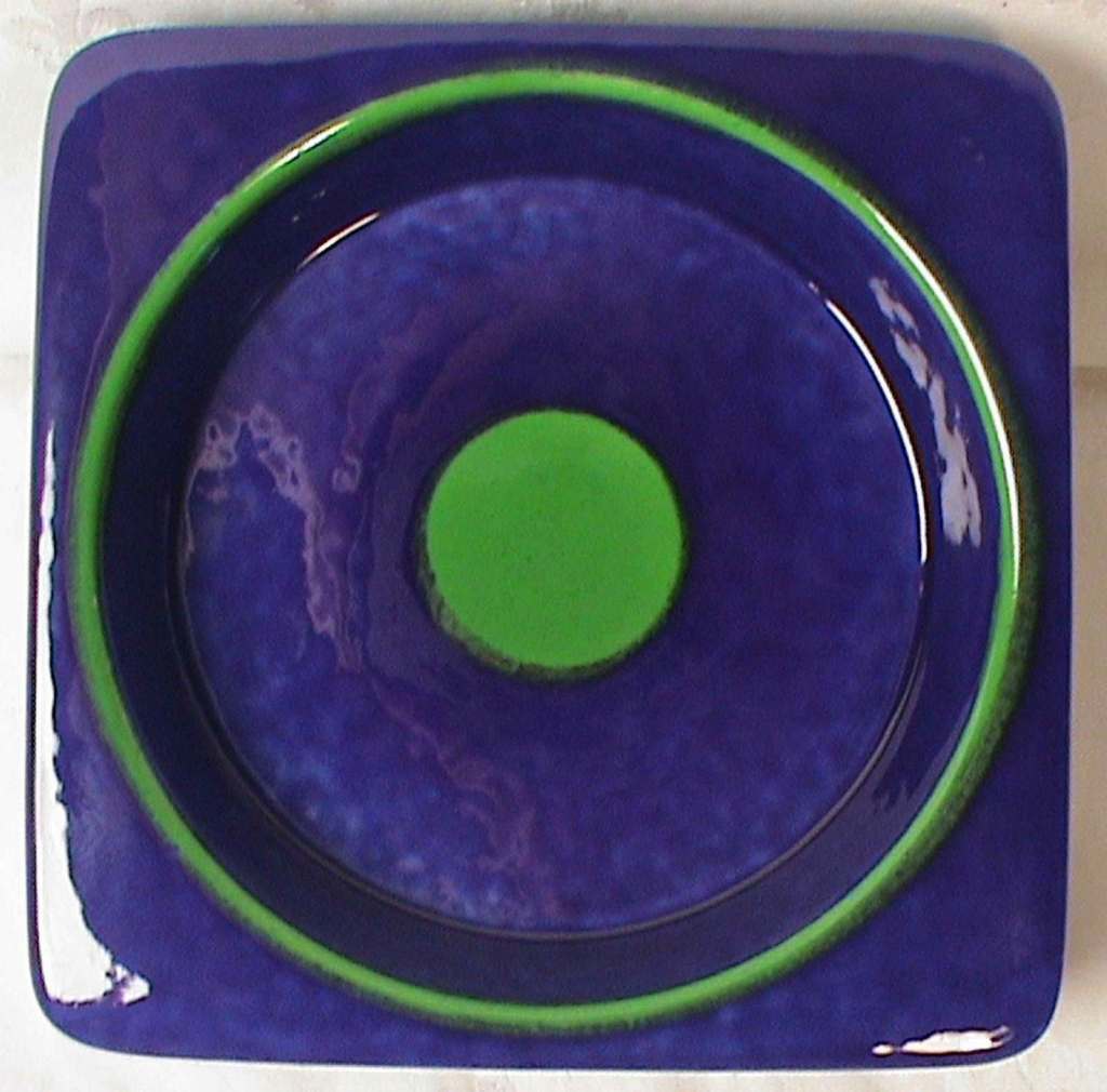 Blue and green ceramic bowl with bulls-eye design by Raymor.  Italy, circa 1950.  Numbered with original paper label.