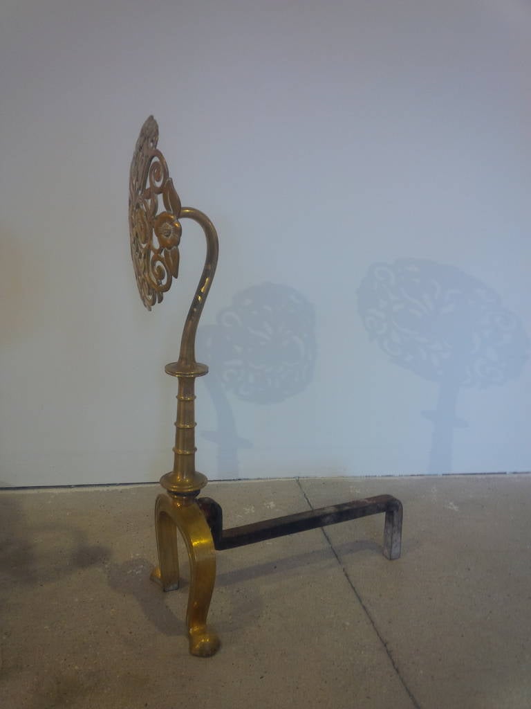 Floral Sunburst Brass Andirons In Excellent Condition In New York, NY