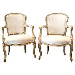 Antique Pair of Louis XV Painted and Parcel Gilt Fauteuils