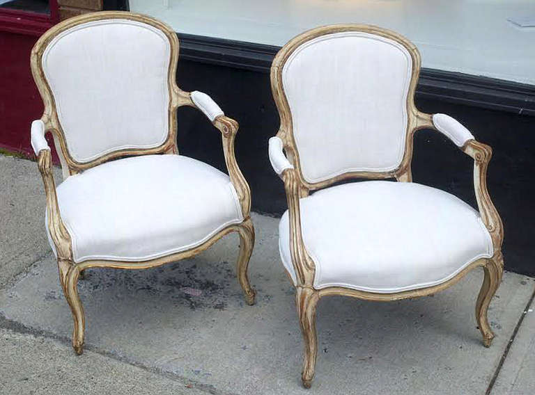 French Pair of Louis XV Painted and Parcel Gilt Fauteuils