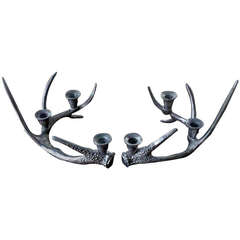 Pair of Cast Metal Stag Horn Candleholders 3