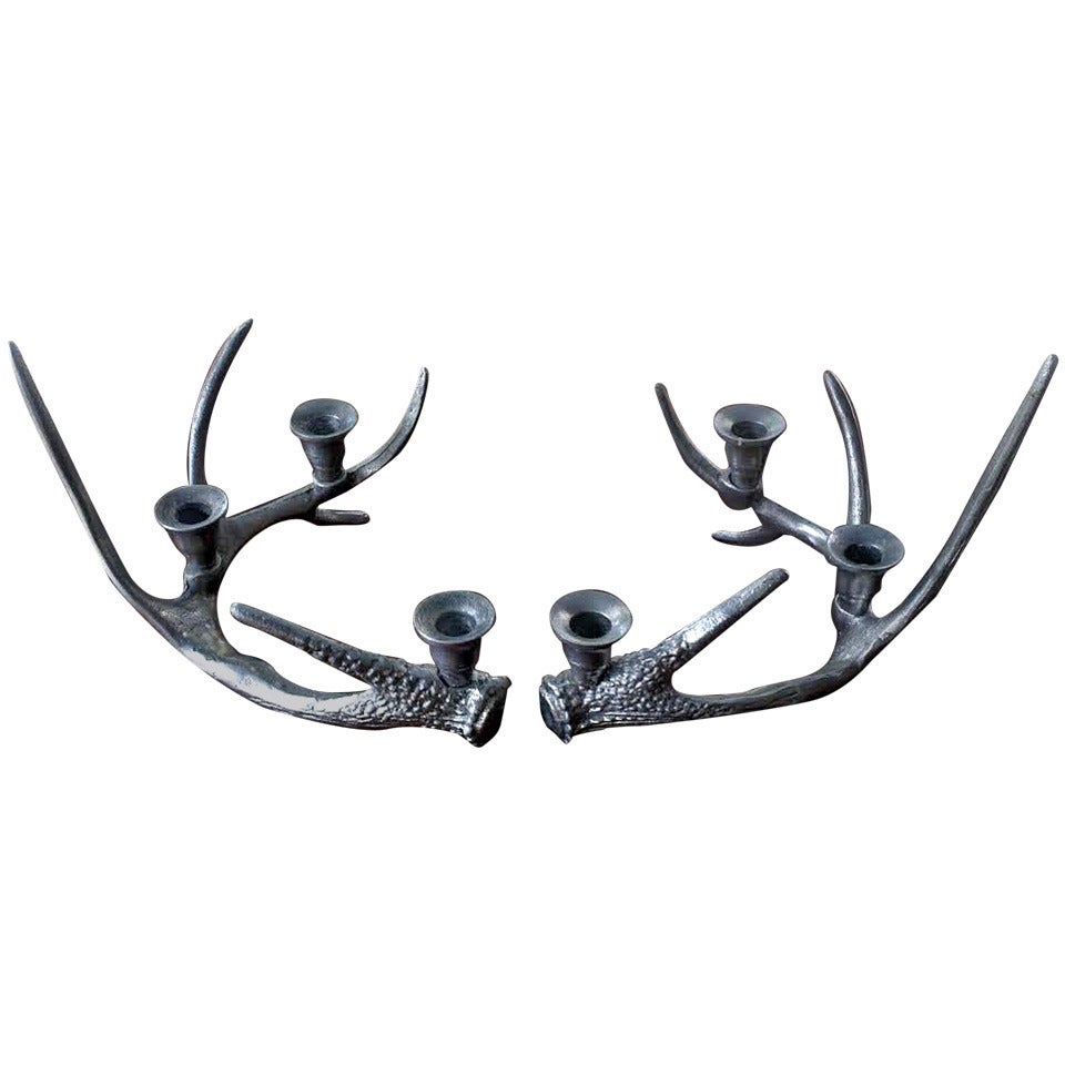 Pair of Cast Metal Stag Horn Candleholders For Sale at 1stDibs stag