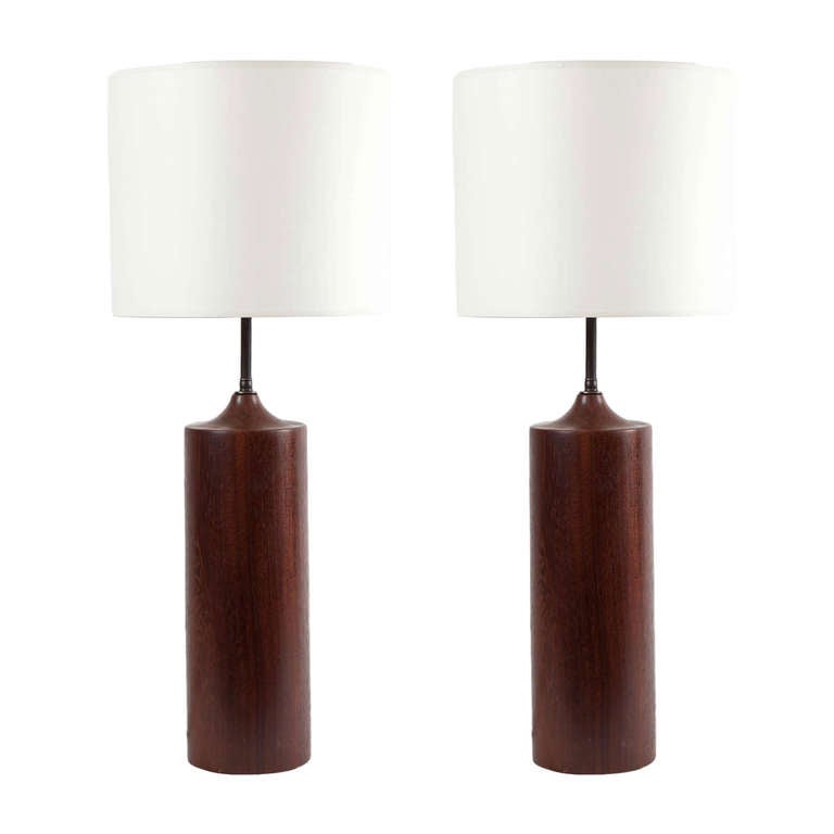 Pair of Cylindrical Walnut Table Lamps