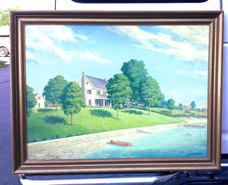 What a wonderful scene by artist D.W. Blake. Oil on artists board and retaining the original gilded frame. With the Rolls Royce parked in the driveway, wonderful blue sky and waters, whom wouldn't want to sit on the front porch and just appreciate