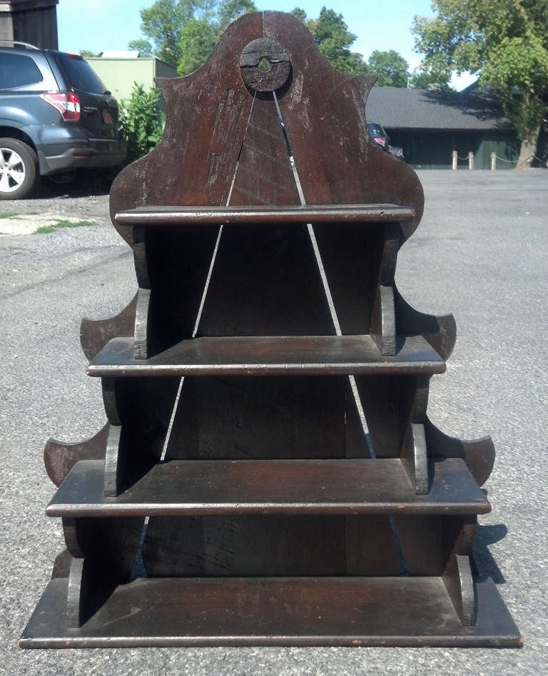 Nice Piece of American Folk Art.  Purchased from an an Estate in Ellsworth Maine. American circa 1840's, made from pine, birch, square nails and retaining the original finish. Wonderful scallop edge feature,  Very sturdy and ready to use.