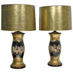 Monumental Mid Century Fornasetti  Eglomise and Gold on Glass Lamps