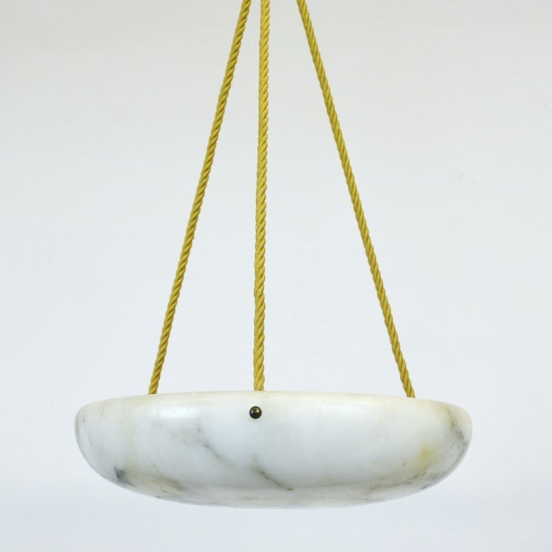 Italian white and grey-veined alabaster shade with gold braided silk hanging cord and matching canopy.  Circa 1920.  Adjustable hanging cord, up to 40 inch height.  Wired for U.S.; shade measures 16 inches in diameter.