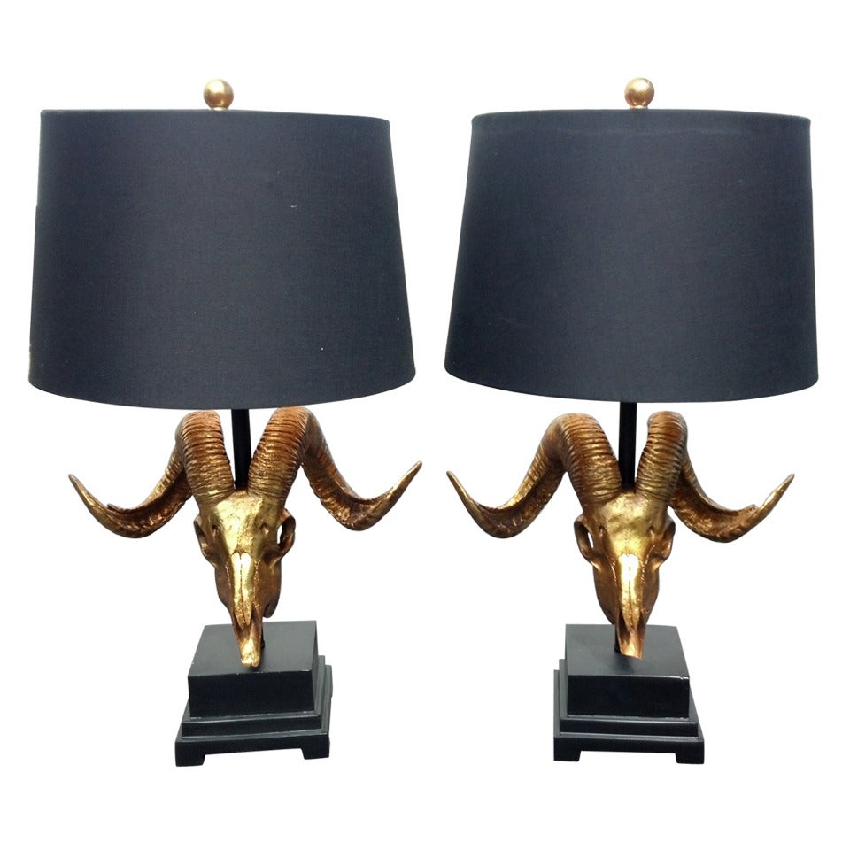 Gilded Ram Skull Lamps