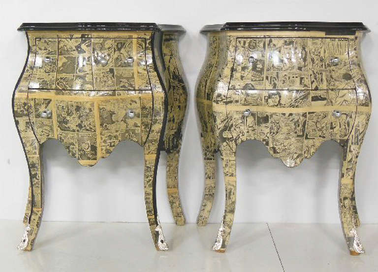 Pair of Rococco style Bombay chests decoupaged with vintage marvel comics embellished with silver mounts  on tips of feet and knobs.