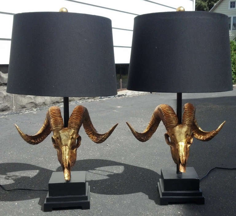 Hollywood Regency Gilded Ram Skull Lamps